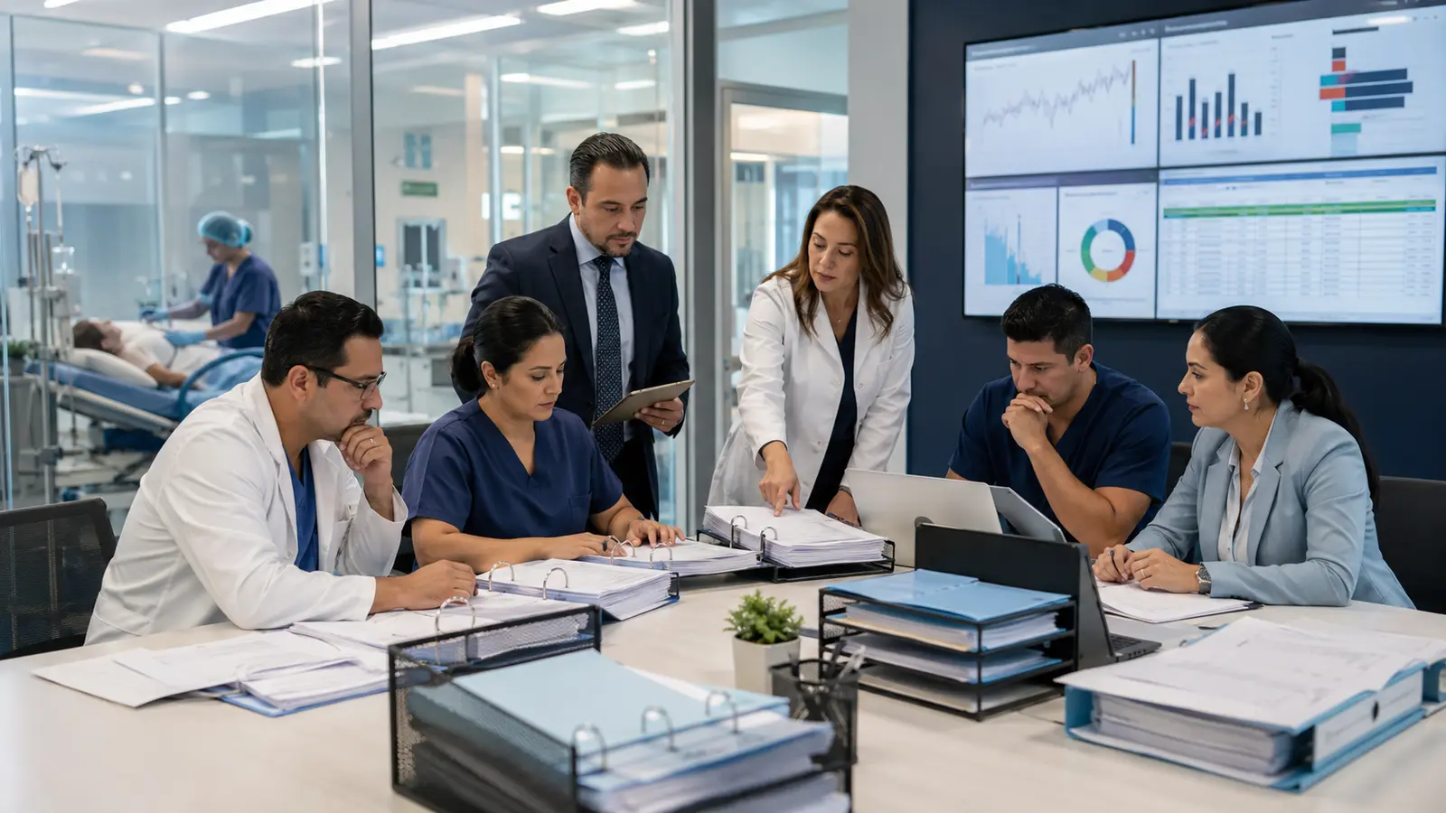 Equipo multidisciplinario de calidad hospitalaria organizando evidencias, riesgos y acciones para MOCEBPASS 2026