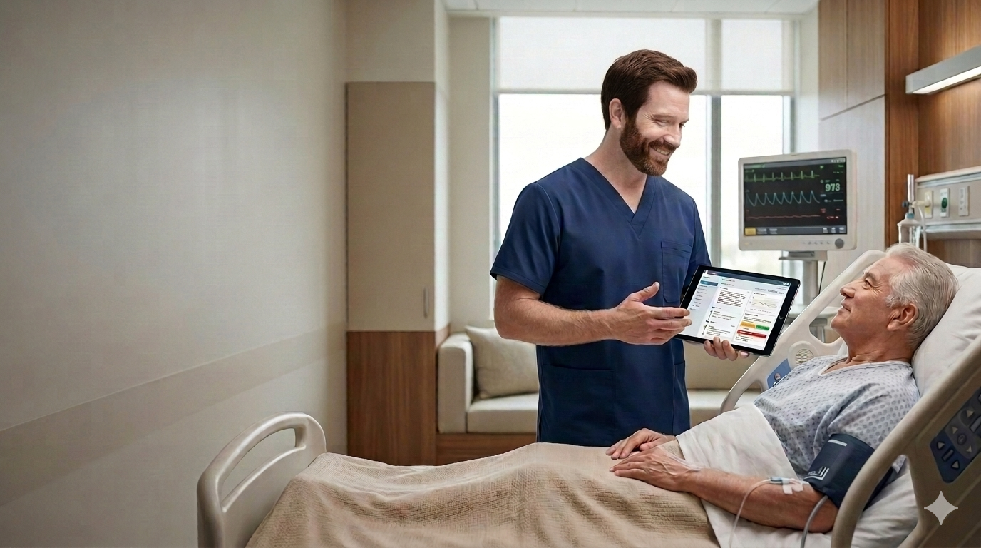 Médico consultando información clínica junto a un paciente hospitalizado